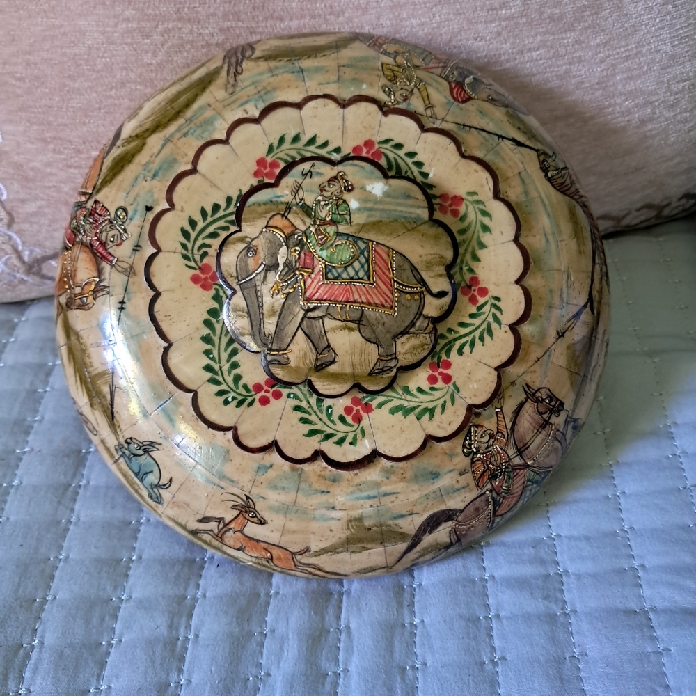 Antique HandPainted Moriage Indian Opium Box w/ Inlaid Camel Bone and Ebony Wood